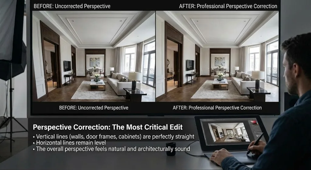 Perspective correction in real estate photo — before and after showing straightened walls